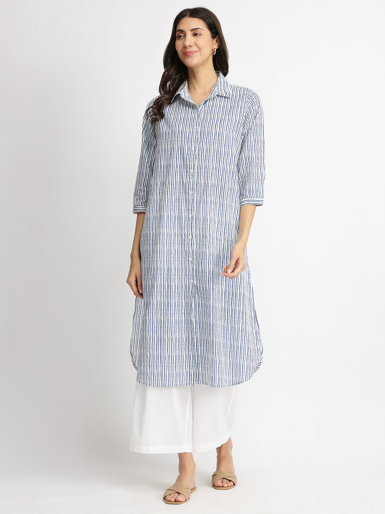 Cotton Striped Shirt Kurta Set - Blue & White