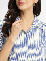 Cotton Striped Shirt Kurta Set - Blue & White