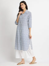 Cotton Striped Shirt Kurta Set - Blue & White