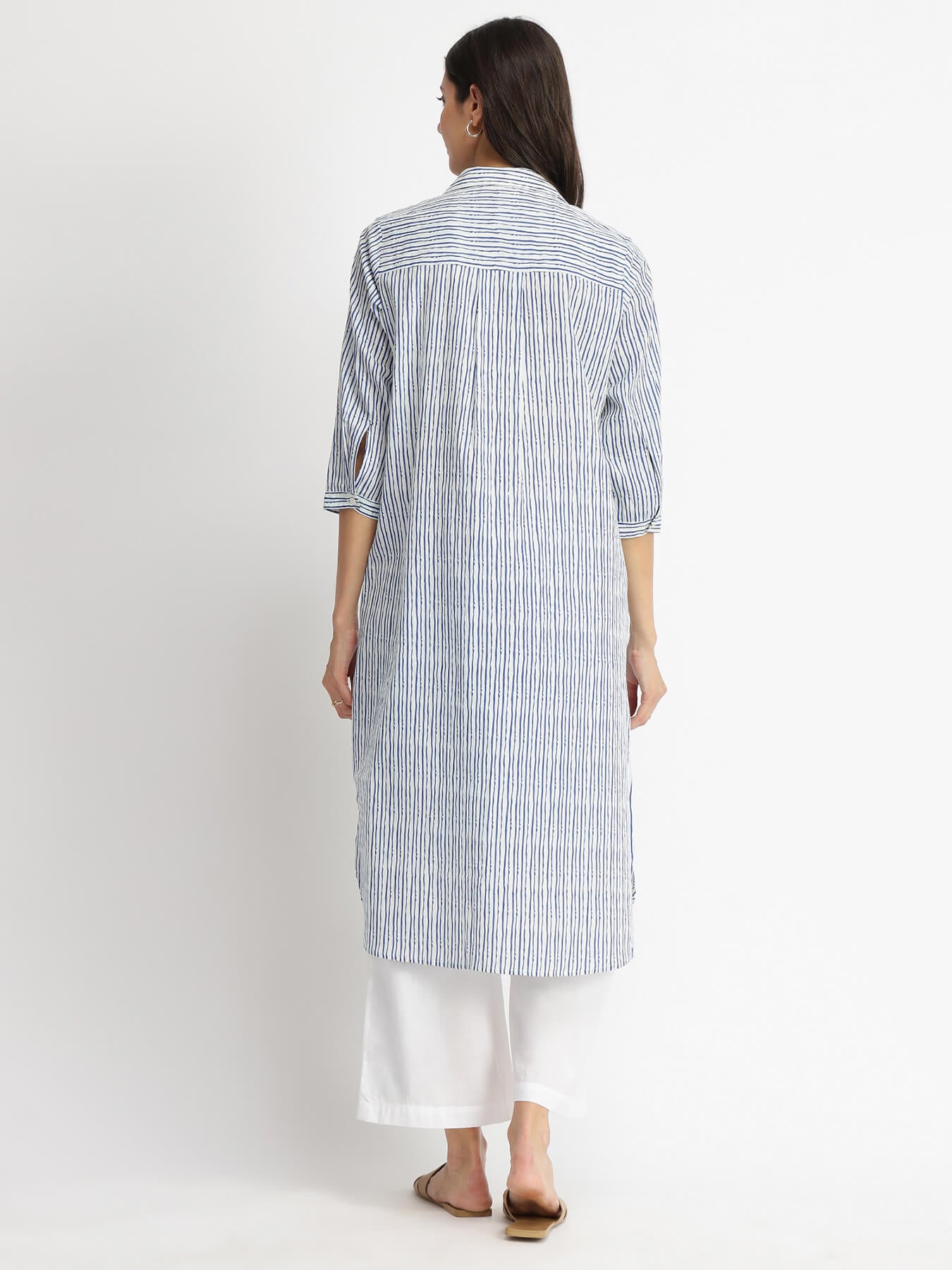 Cotton Striped Shirt Kurta Set - Blue & White