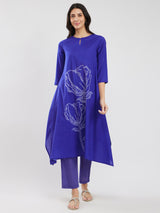 Cotton Bandhani Asymmetric Floral Kurta Set - Blue