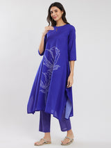 Cotton Bandhani Asymmetric Floral Kurta Set - Blue