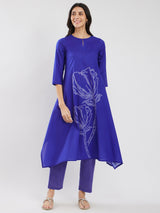 Cotton Bandhani Asymmetric Floral Kurta Set - Blue