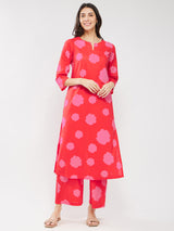 Cotton Floral Kurta Set - Red & Pink