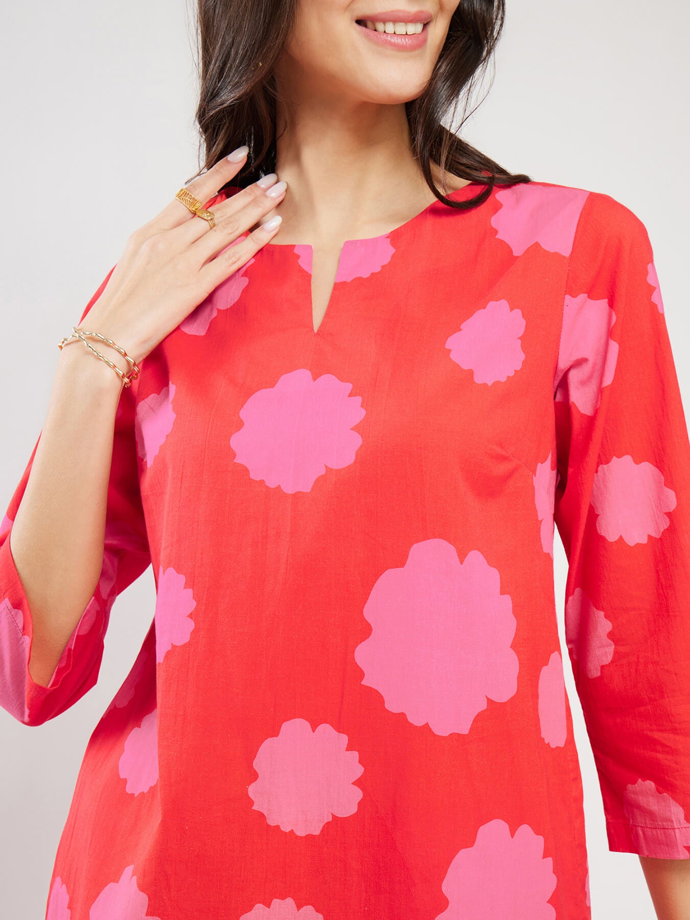 Cotton Floral Kurta Set - Red & Pink