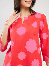 Cotton Floral Kurta Set - Red & Pink