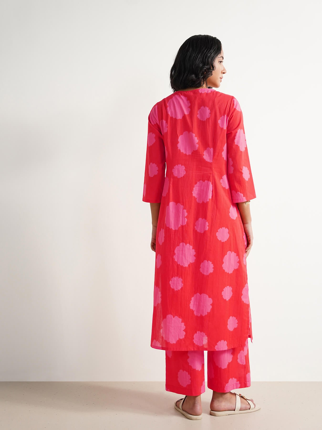 Cotton Floral Kurta Set - Red & Pink