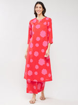 Cotton Floral Kurta Set - Red & Pink