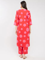 Cotton Floral Kurta Set - Red & Pink