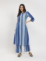 Cotton Monotone Striped Kurta Set - Blue