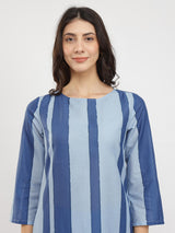 Cotton Monotone Striped Kurta Set - Blue