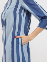 Cotton Monotone Striped Kurta Set - Blue