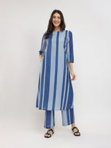 Cotton Monotone Striped Kurta Set - Blue