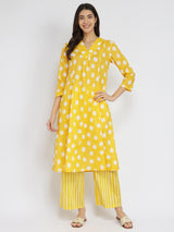 Cotton Polka Flared Kurta Set - Yellow
