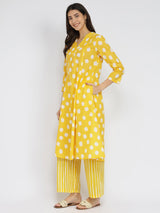 Cotton Polka Flared Kurta Set - Yellow