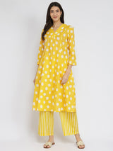 Cotton Polka Flared Kurta Set - Yellow