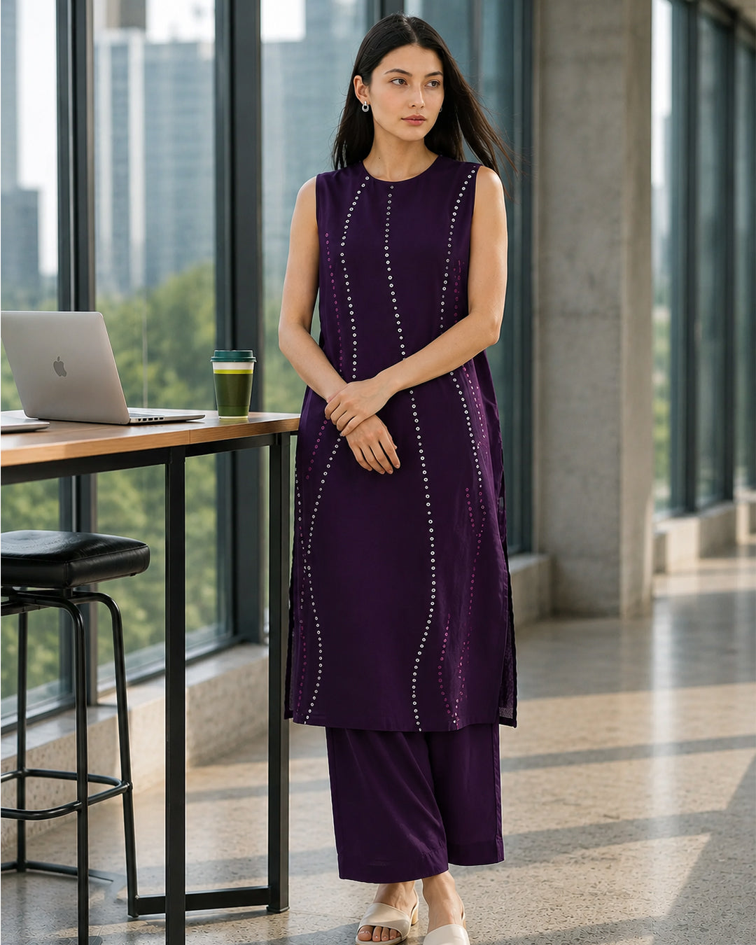 Cotton Bandhani Sleeveless Kurta Set - Purple