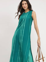 Cotton Striped Sleeveless Kurta Set - Green