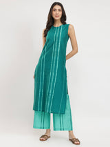 Cotton Striped Sleeveless Kurta Set - Green