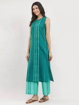 Cotton Striped Sleeveless Kurta Set - Green