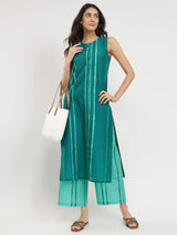 Cotton Striped Sleeveless Kurta Set - Green