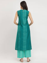 Cotton Striped Sleeveless Kurta Set - Green