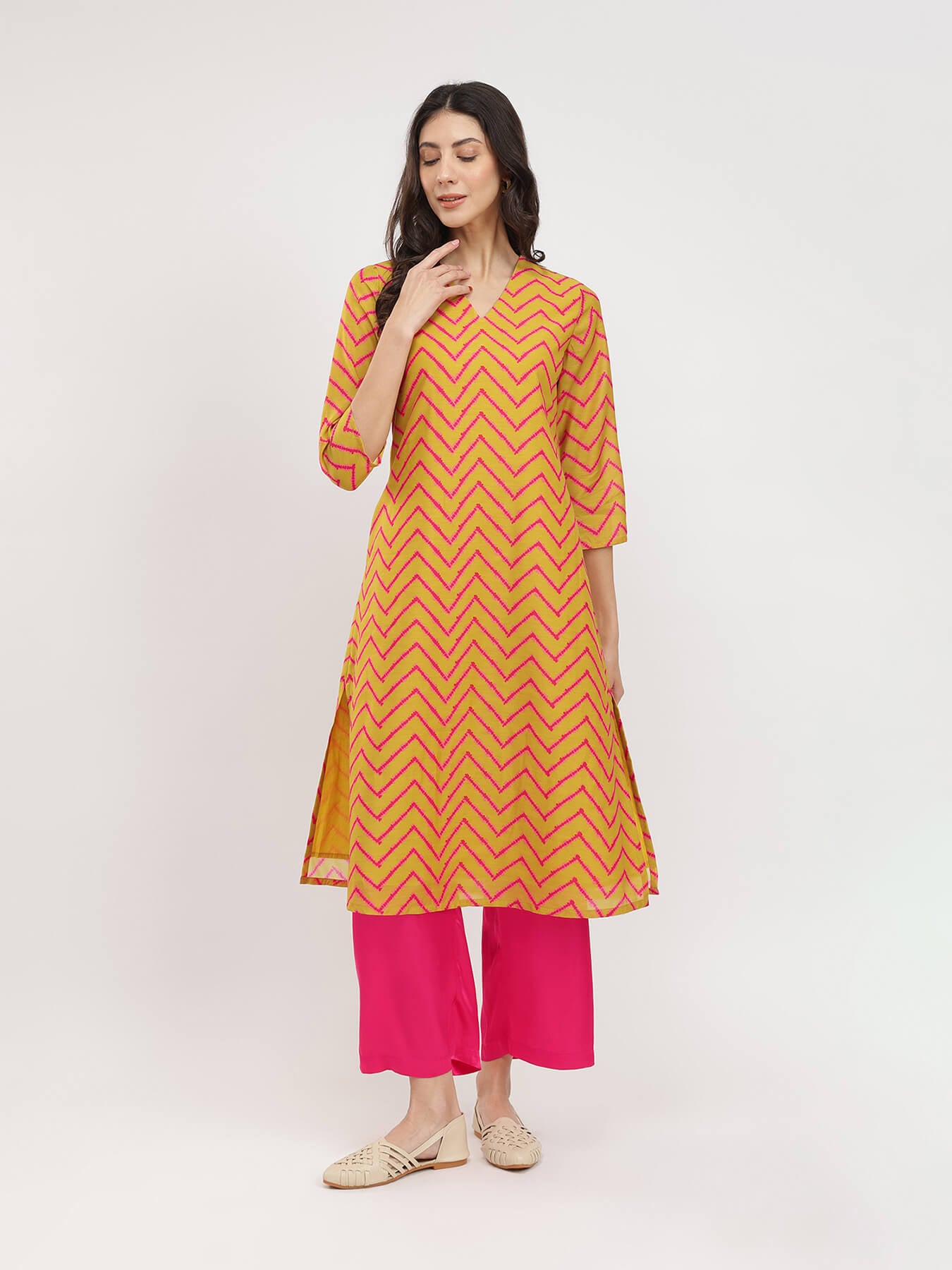 Chevron Print Kurta set - Yellow & Fuchsia