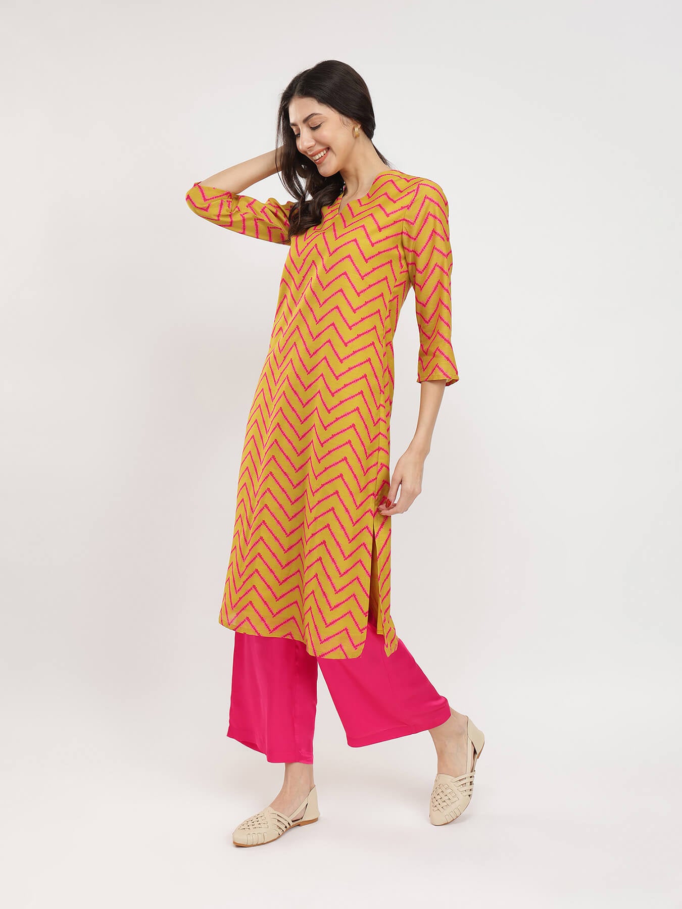 Chevron Print Kurta set - Yellow & Fuchsia