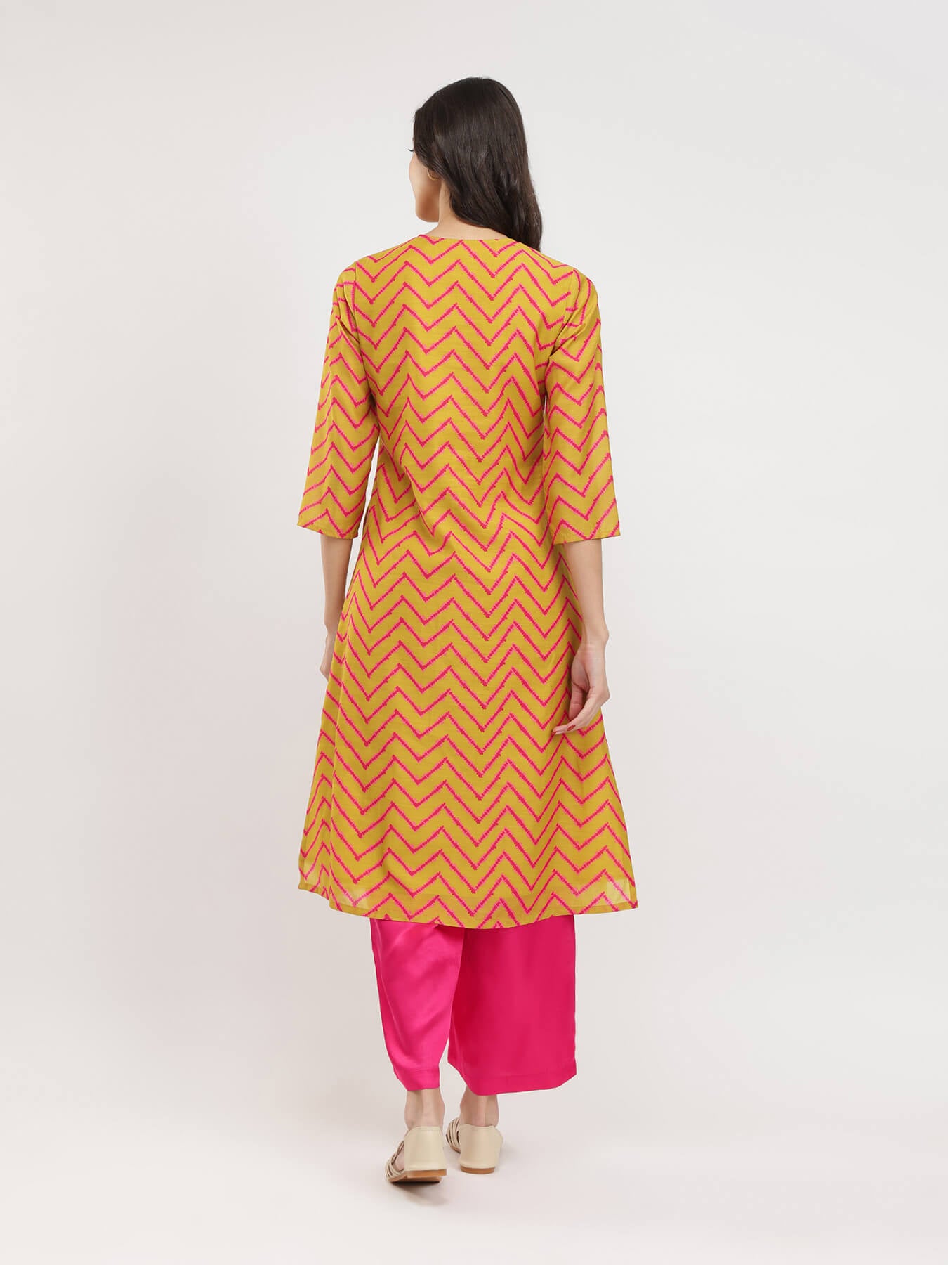 Chevron Print Kurta set - Yellow & Fuchsia