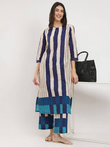 Cotton Striped A-Line Kurta Set - Blue & Cream