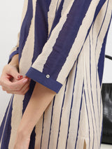Cotton Striped A-Line Kurta Set - Blue & Cream