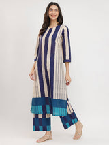 Cotton Striped A-Line Kurta Set - Blue & Cream