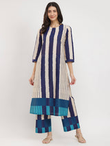 Cotton Striped A-Line Kurta Set - Blue & Cream