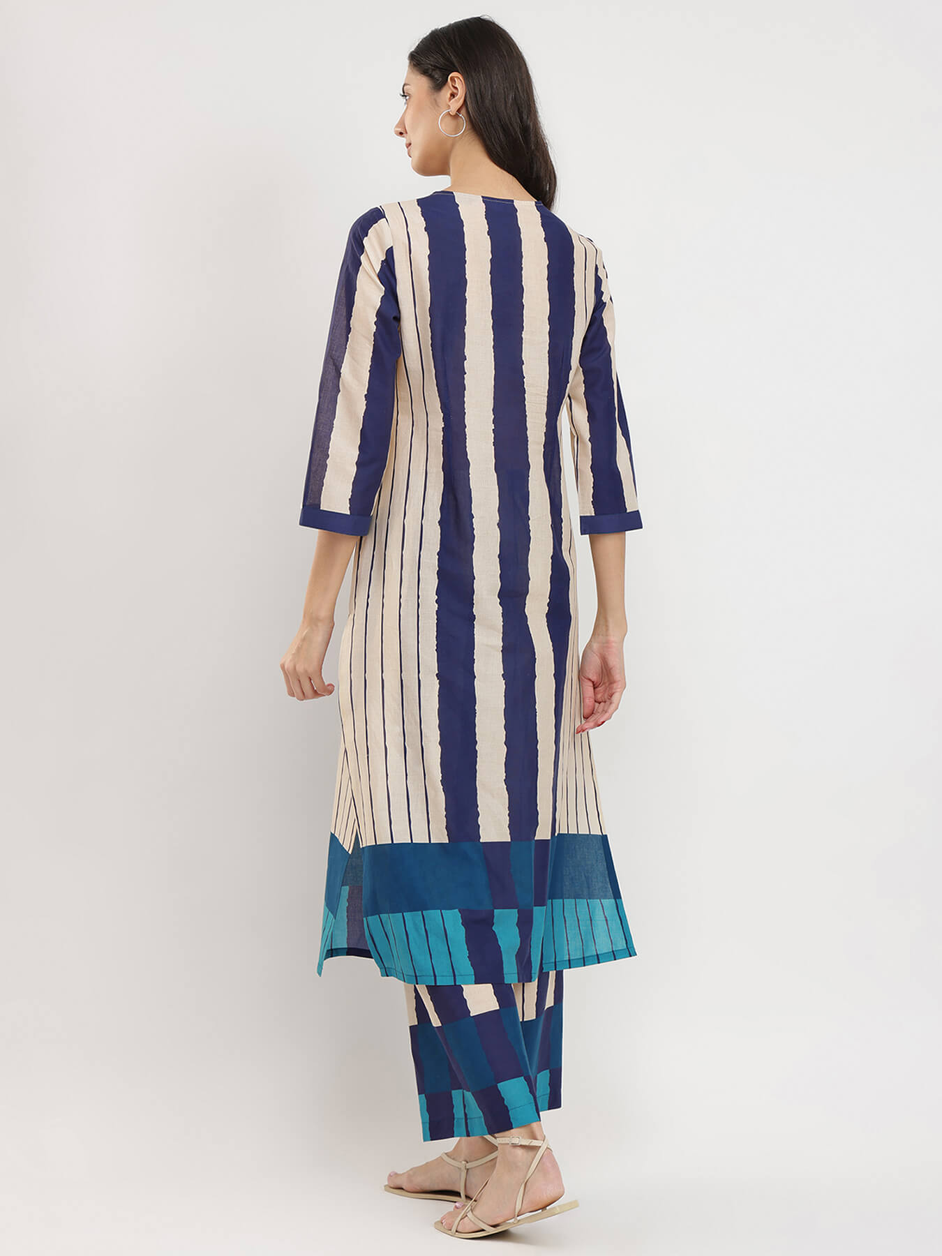Cotton Striped A-Line Kurta Set - Blue & Cream