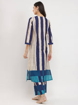 Cotton Striped A-Line Kurta Set - Blue & Cream
