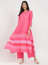Cotton Striped Asymmetric Kurta Set - Pink