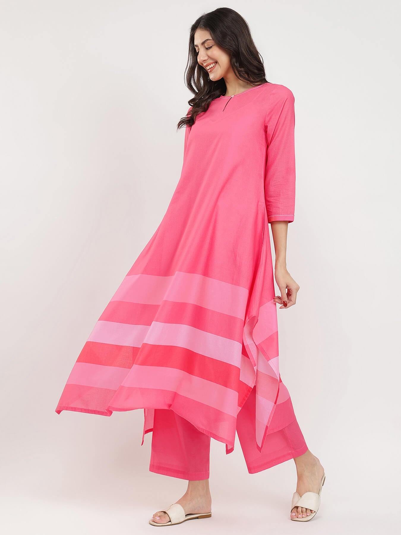 Cotton Striped Asymmetric Kurta Set - Pink