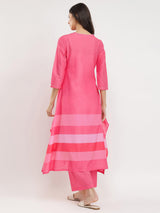 Cotton Striped Asymmetric Kurta Set - Pink