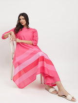 Cotton Striped Asymmetric Kurta Set - Pink