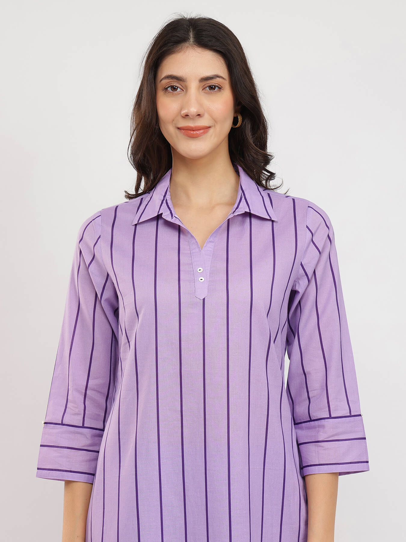 Cotton Striped Shirt Collar Kurta Set - Purple