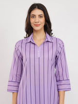 Cotton Striped Shirt Collar Kurta Set - Purple