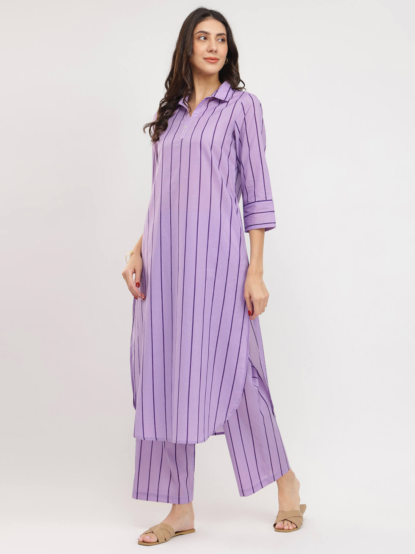 Cotton Striped Shirt Collar Kurta Set - Purple
