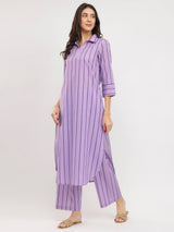 Cotton Striped Shirt Collar Kurta Set - Purple