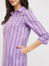 Cotton Striped Shirt Collar Kurta Set - Purple