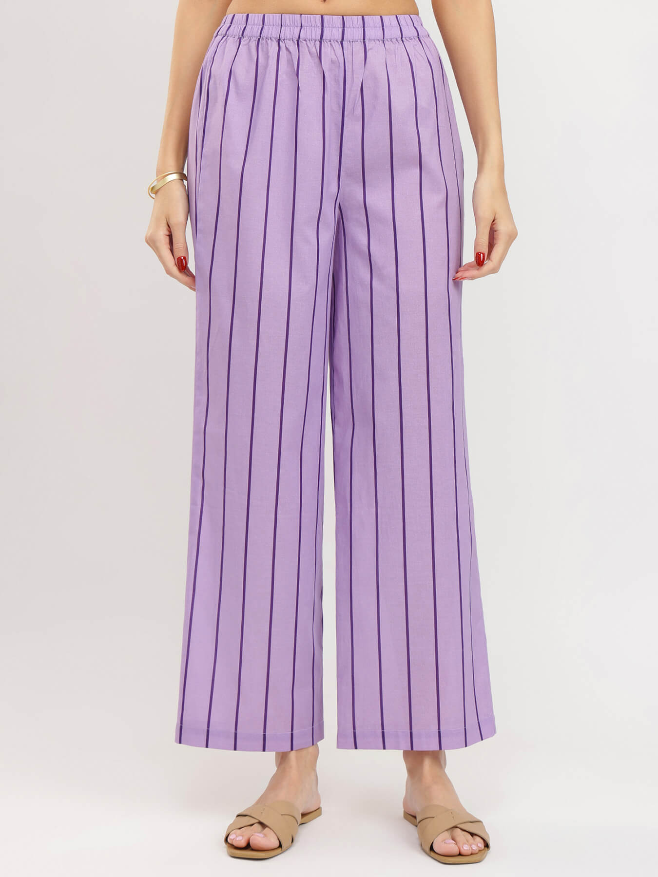 Cotton Striped Shirt Collar Kurta Set - Purple