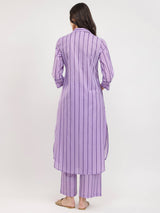 Cotton Striped Shirt Collar Kurta Set - Purple