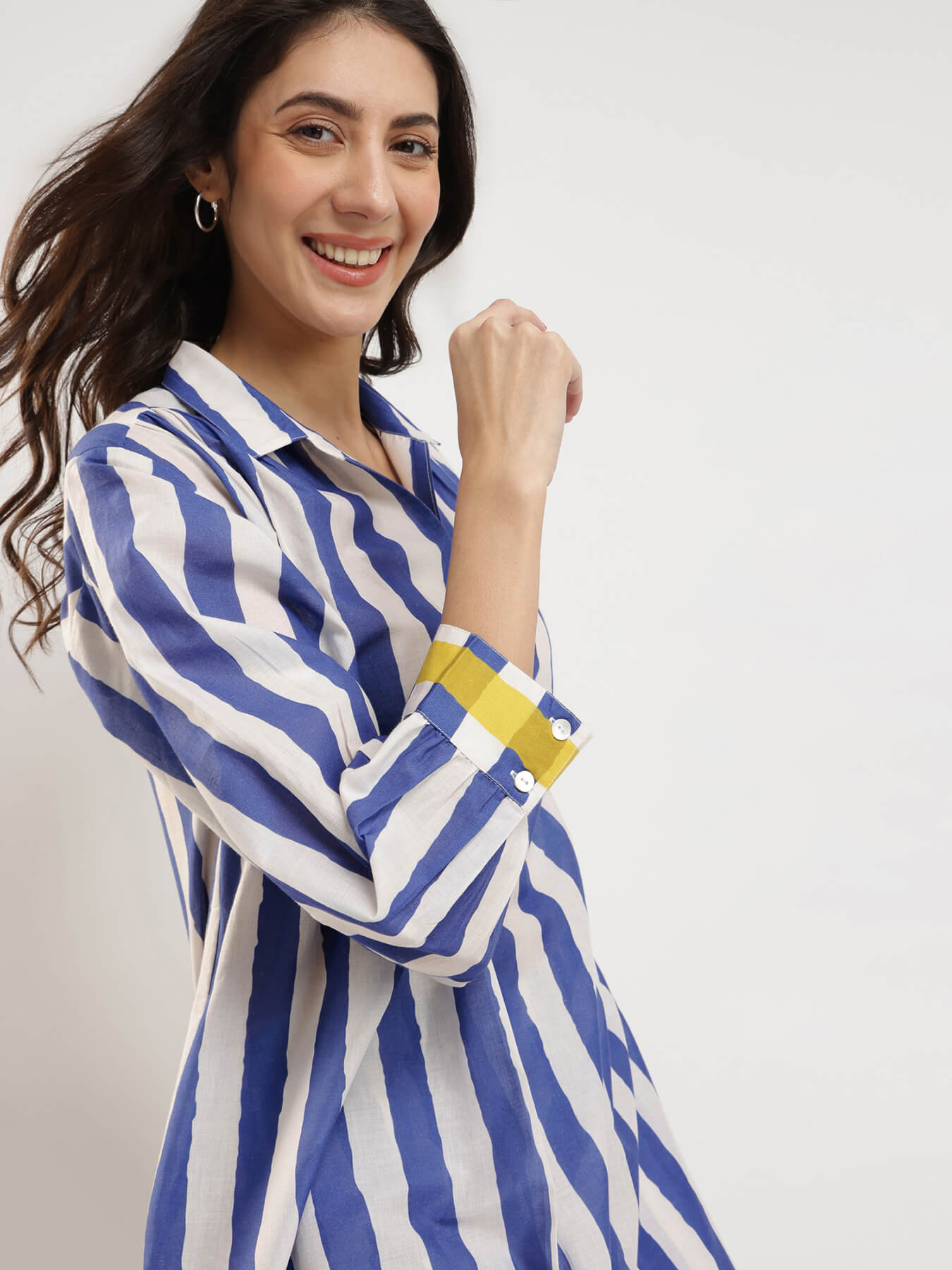 Cotton Stripe Play Shirt Collar Kurta Set - Blue & Yellow