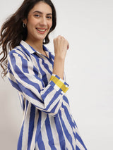 Cotton Stripe Play Shirt Collar Kurta Set - Blue & Yellow