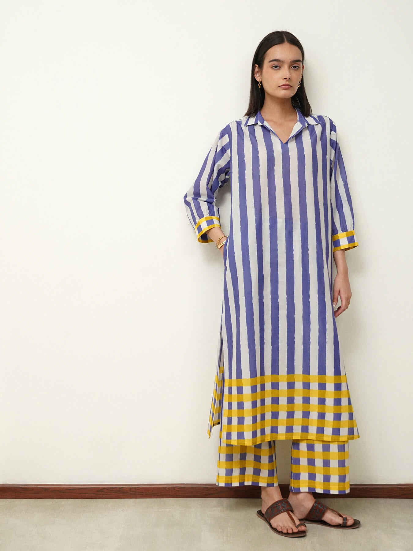 Cotton Stripe Play Shirt Collar Kurta Set - Blue & Yellow