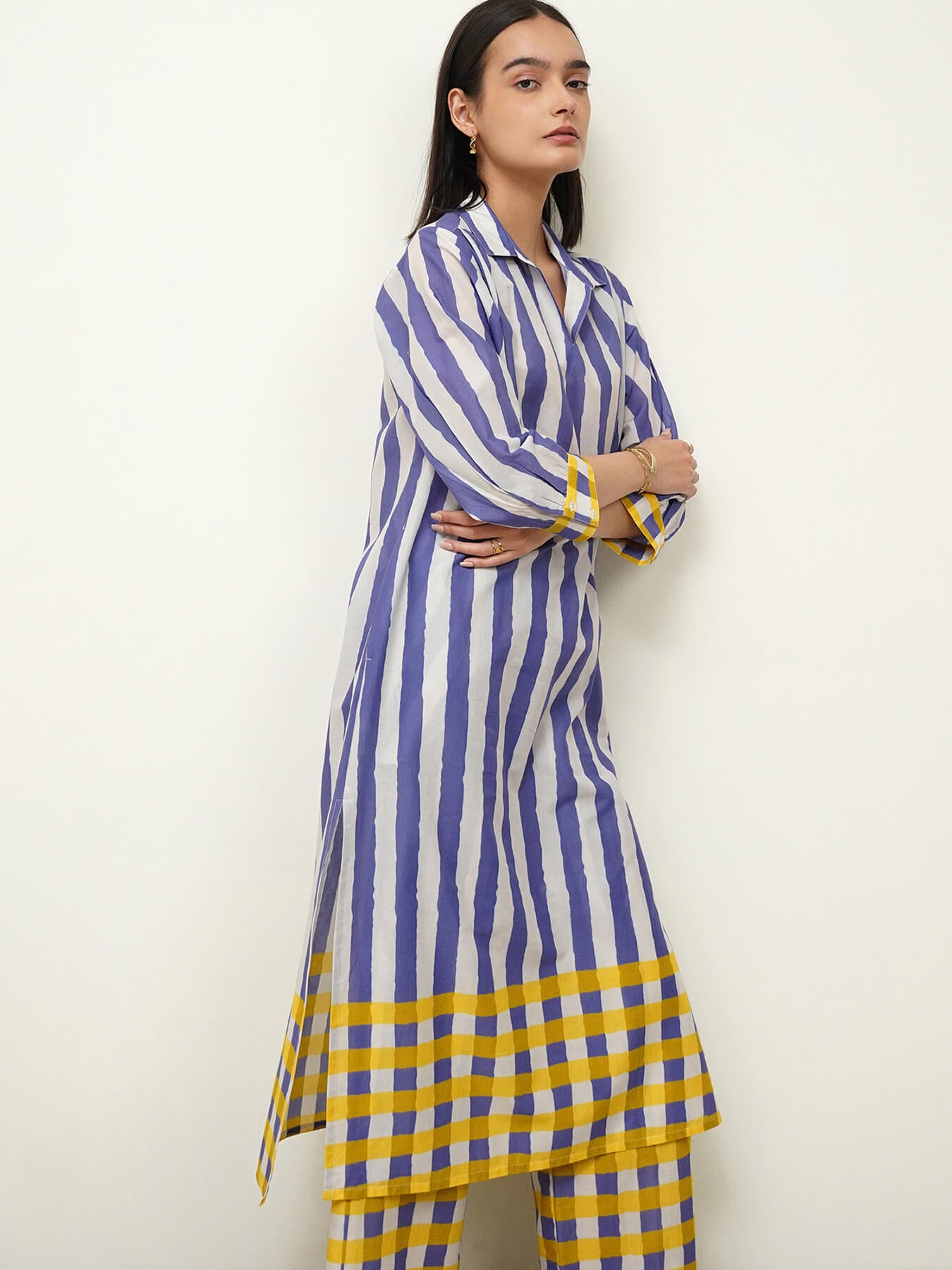 Cotton Stripe Play Shirt Collar Kurta Set - Blue & Yellow